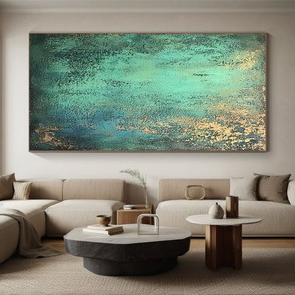 Modern Art Acrylic Teal and Gold Patina Abstract Painting HS178