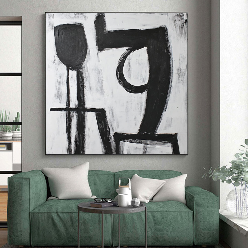 Hand-Painted Black and White Geometric Abstract Art HS194