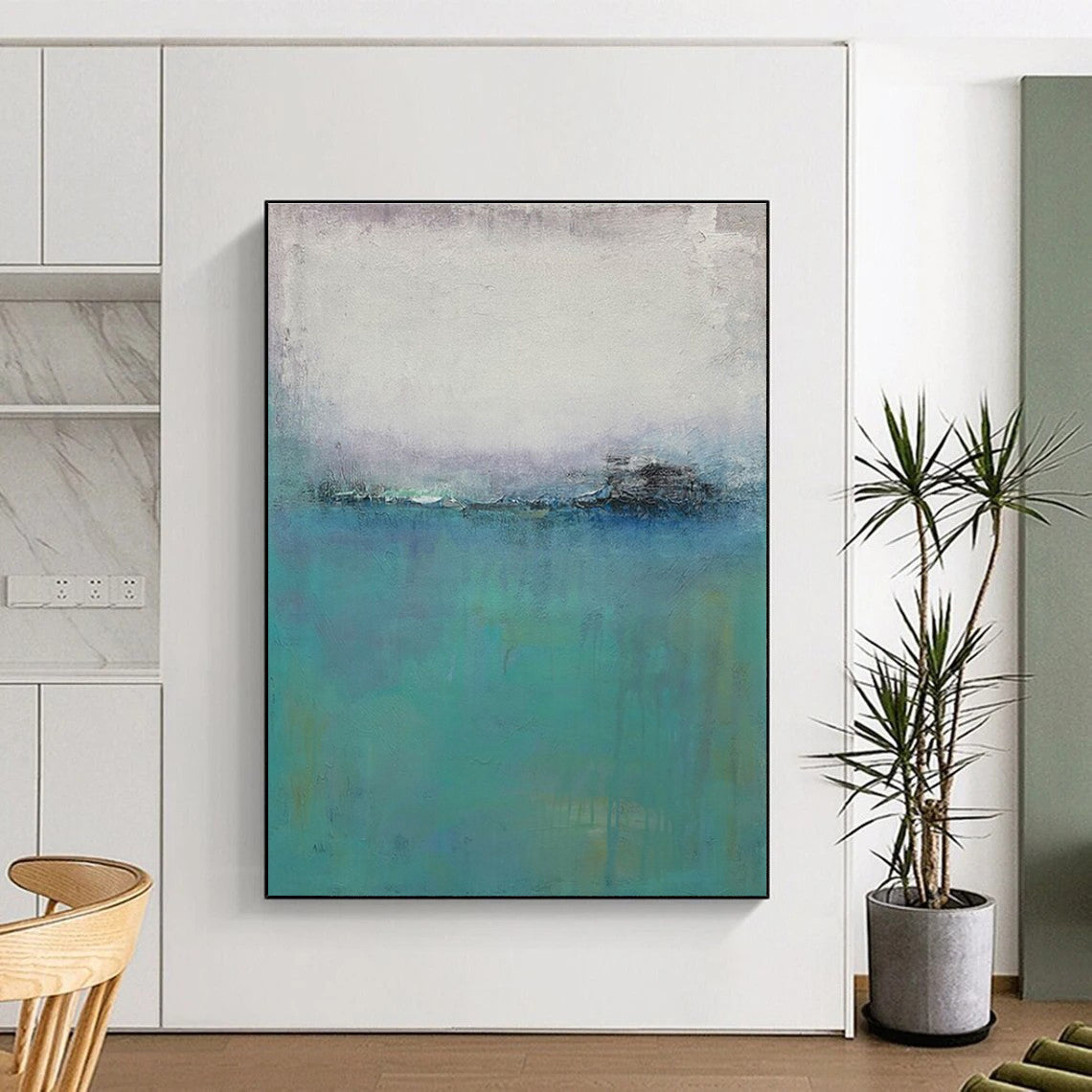Turquoise, Gray, and White Misty Abstract Seaside Painting For Sale Online WS476