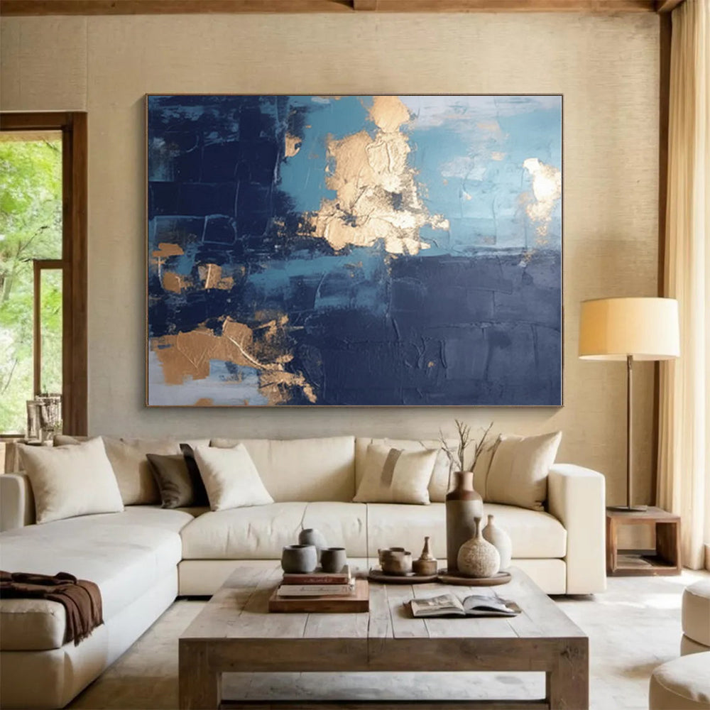 Handmade Art Teal, Gold & Gray Textured Abstract, Large Contemporary Wall Art HS233