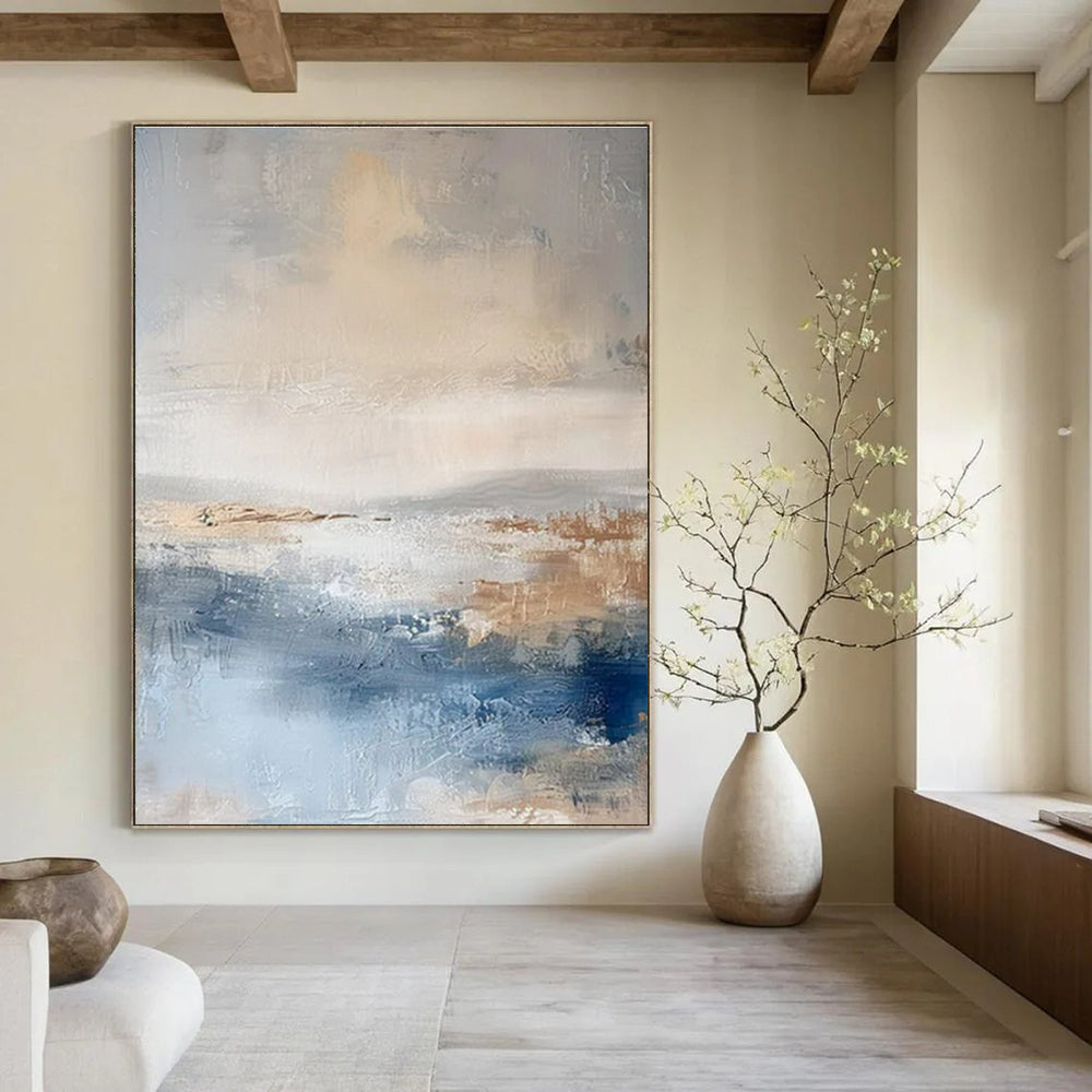 Blue, Gray, and Beige Abstract Seaside Painting For Sale WS502