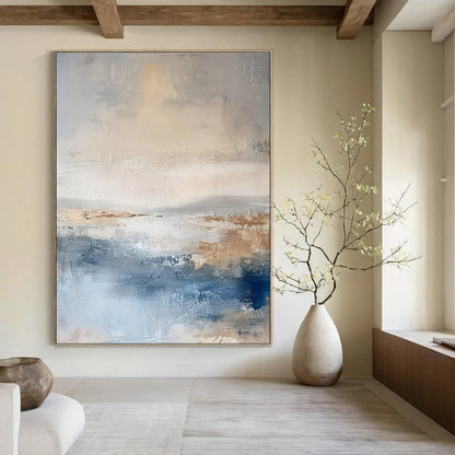 Blue, Gray, and Beige Abstract Seaside Painting For Sale WS502