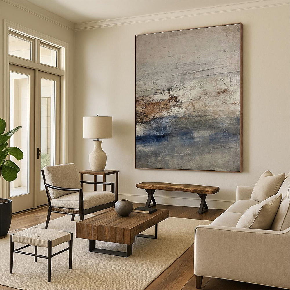 Hand-Painted Gray, Brown & Blue Textured Abstract, Acrylic Modern Art Painting HS321