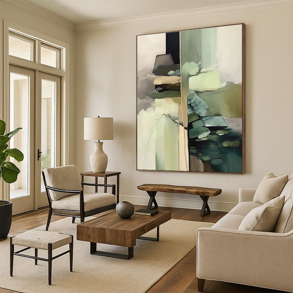 Hand Painted Art Earthy Greens and Neutrals Abstract Composition HS581
