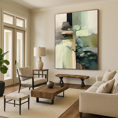 Hand Painted Art Earthy Greens and Neutrals Abstract Composition HS581