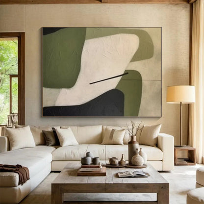 Handmade Art Minimalist Canvas Art with Geometric Shapes in Green, Black, White - Modern Art Acrylic HS502