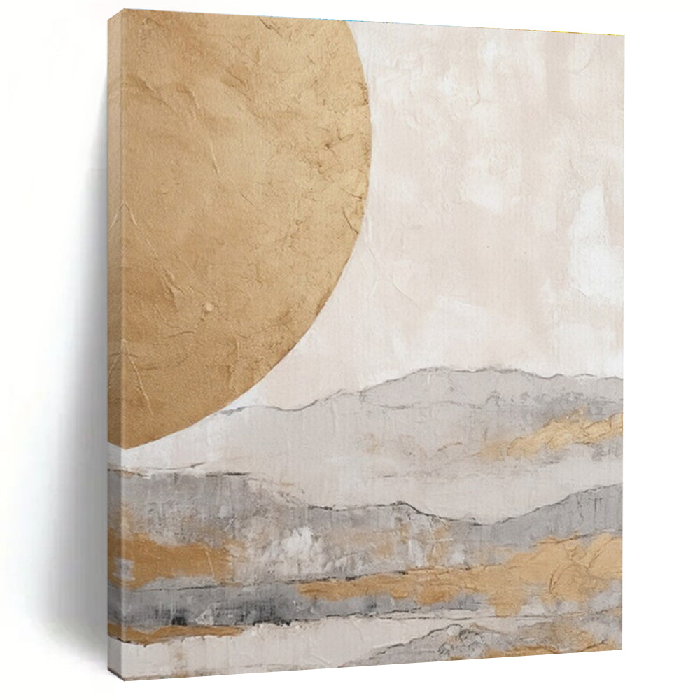 Gold, Gray, and Beige Abstract Mountain and Sun Painting For Sale Online WS486
