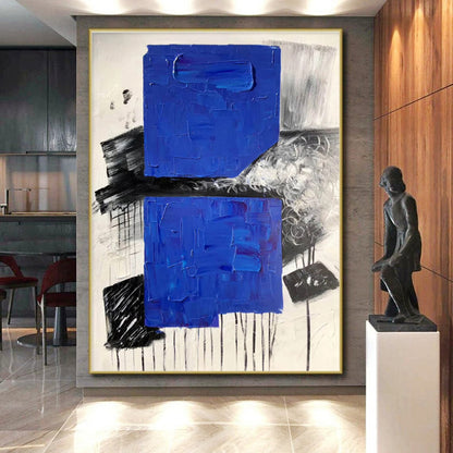 Hand-Painted Blue, Black & White Textured Abstract, Acrylic Modern Art Painting HS411