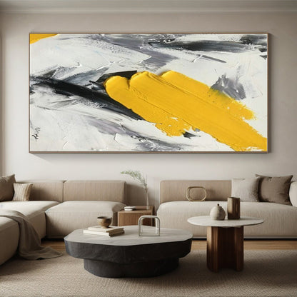 Hand-Painted Modern Art Acrylic with Yellow, Black, Gray Textured Layers - Large Painting In Living Room HS524