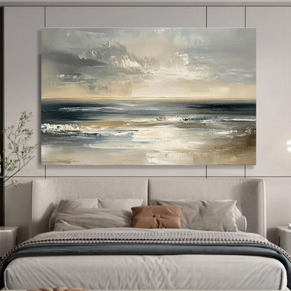 Contemporary Abstract Painting with Gray, Beige, Black and White Colors, Textured Sea Theme WB319