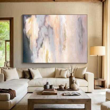 Hand-Painted Pink, Gold & Gray Cloudy Abstract, Acrylic Modern Art Painting HS241