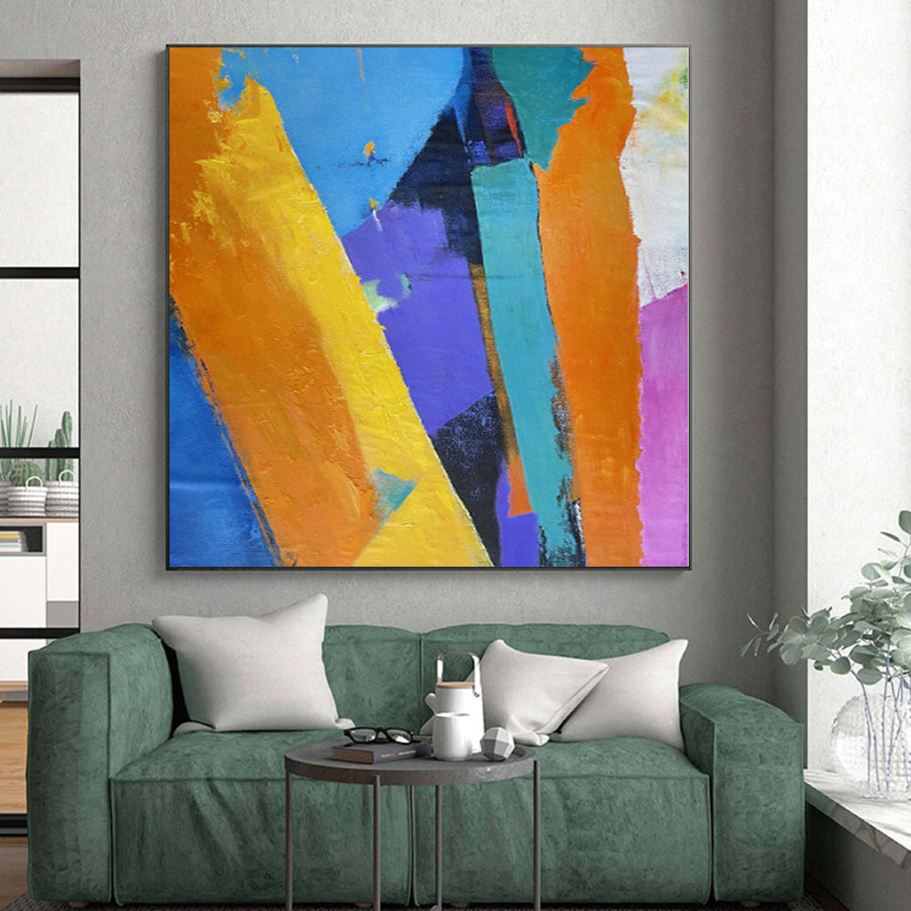 Hand-Painted Multicolor Abstract Geometric Shape Painting For Sale HS069
