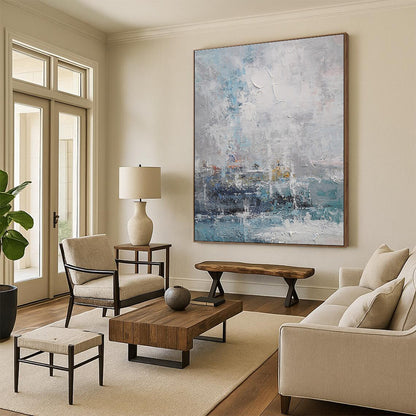 Acrylic Modern Art Paintings Blue, Gray, and White Textured Abstract Landscape HS684