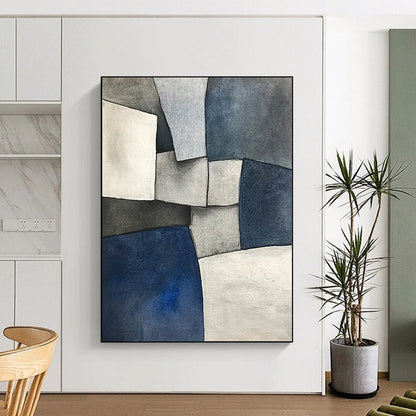 Hand Painted Art Blue, Gray, and White Abstract Shape Painting For Sale HS139