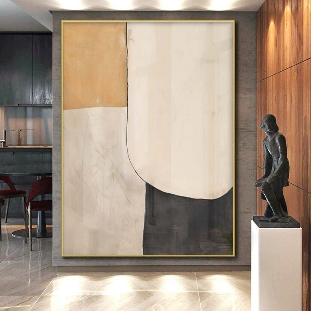 Hand Painted Art Beige, Black, and White Organic Abstract Art HS668