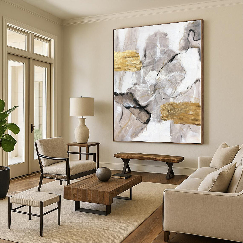 Hand-Painted Gray, White, and Gold Abstract Textured Painting For Sale HS057
