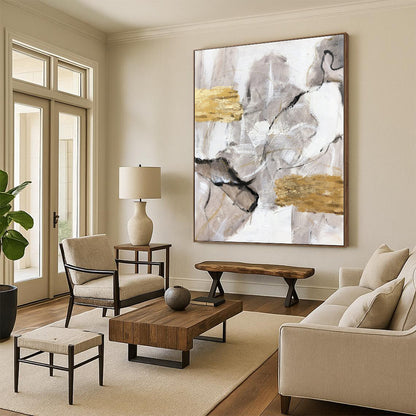 Hand-Painted Gray, White, and Gold Abstract Textured Painting For Sale HS057
