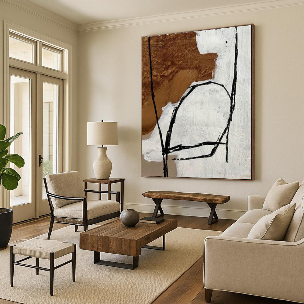 Modern Art Acrylic Black, White, and Brown Linear Abstract Art HS687