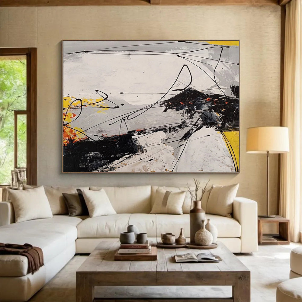 Oversized Canvas Art Black, White, and Yellow Abstract Linear Dynamic Art, Abstract Acrylic Painting WB185