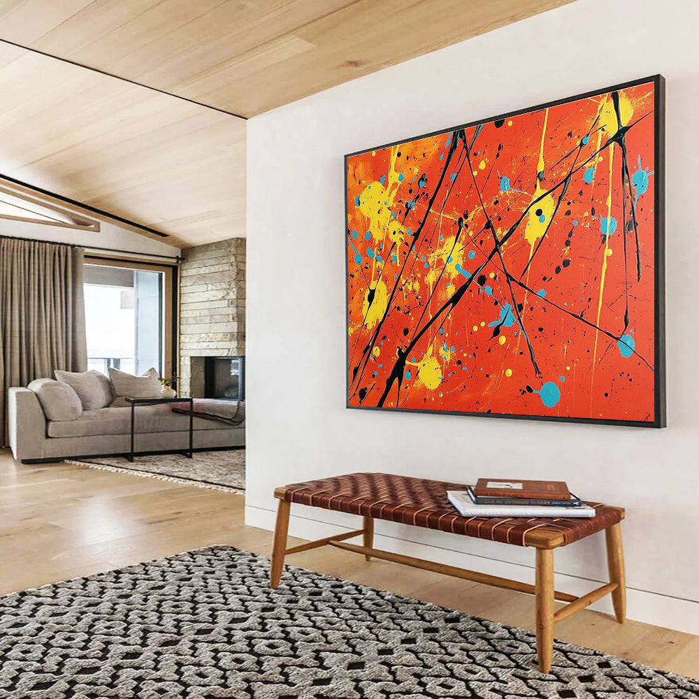 Big Size Orange, Yellow, Blue, and Black Splatter Abstract Art WB255