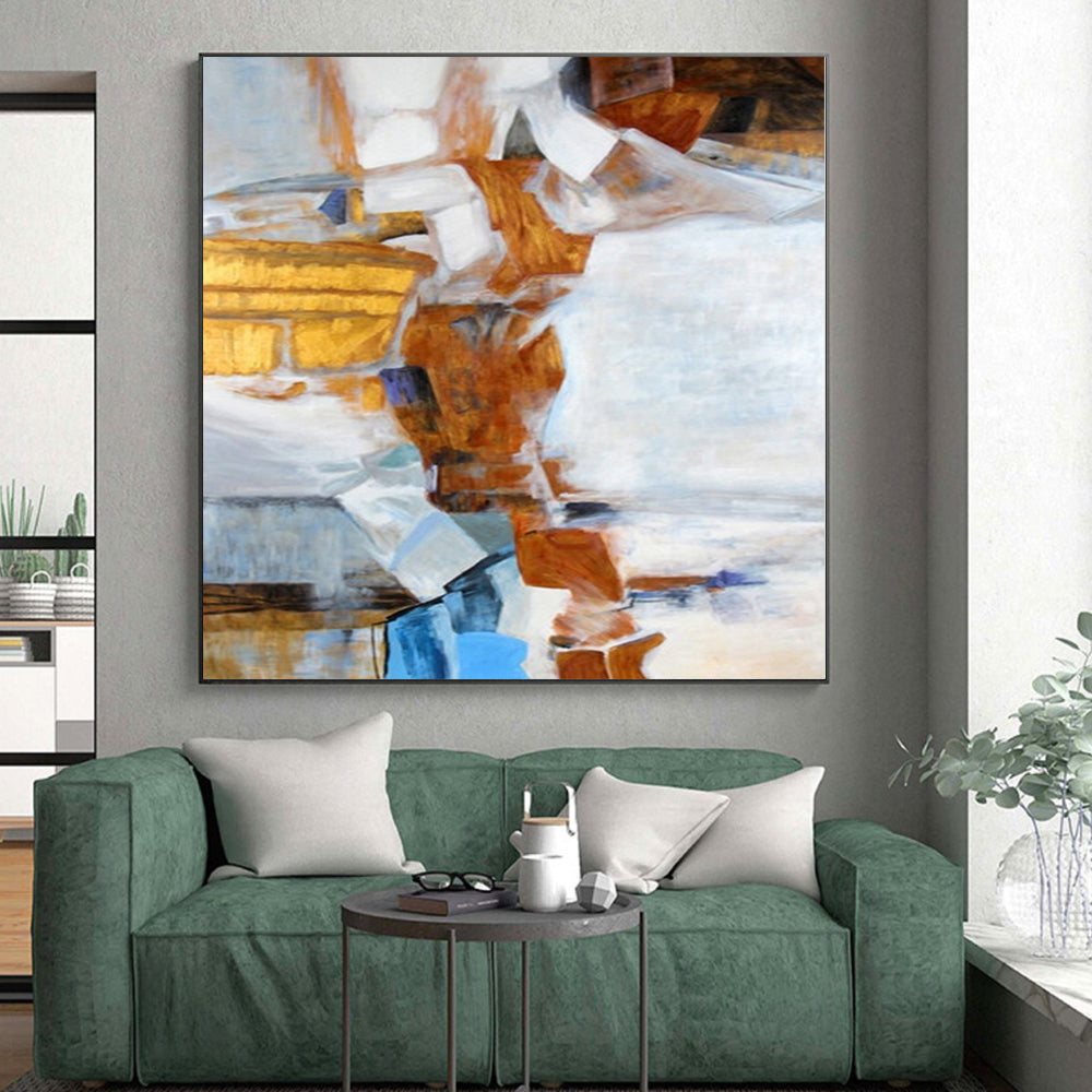Hand-Painted Brown, White, and Blue Geometric Abstract Painting For Sale HS003