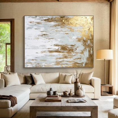 Handmade Art Gold, Gray, and White Textured Abstract Art HS666