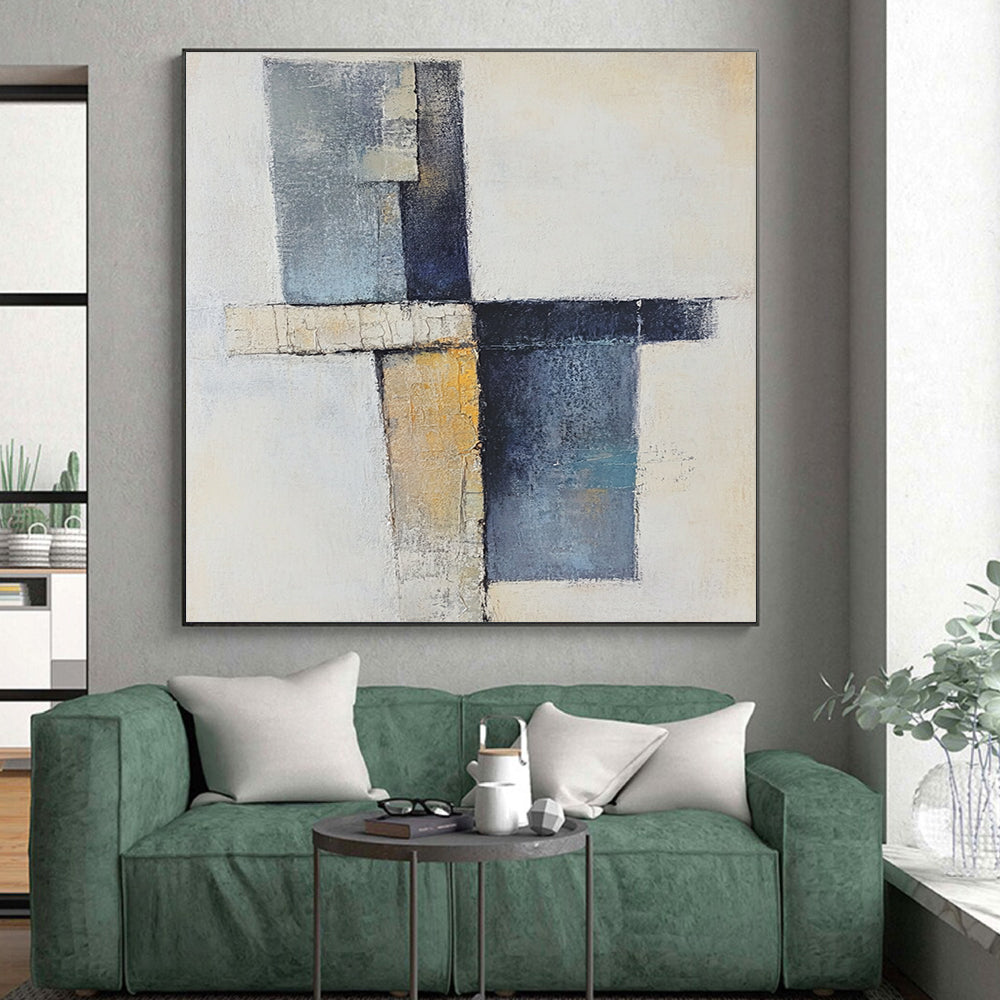 Hand Painted Art Blue, Beige, and Black Abstract Geometric Painting For Sale HS157