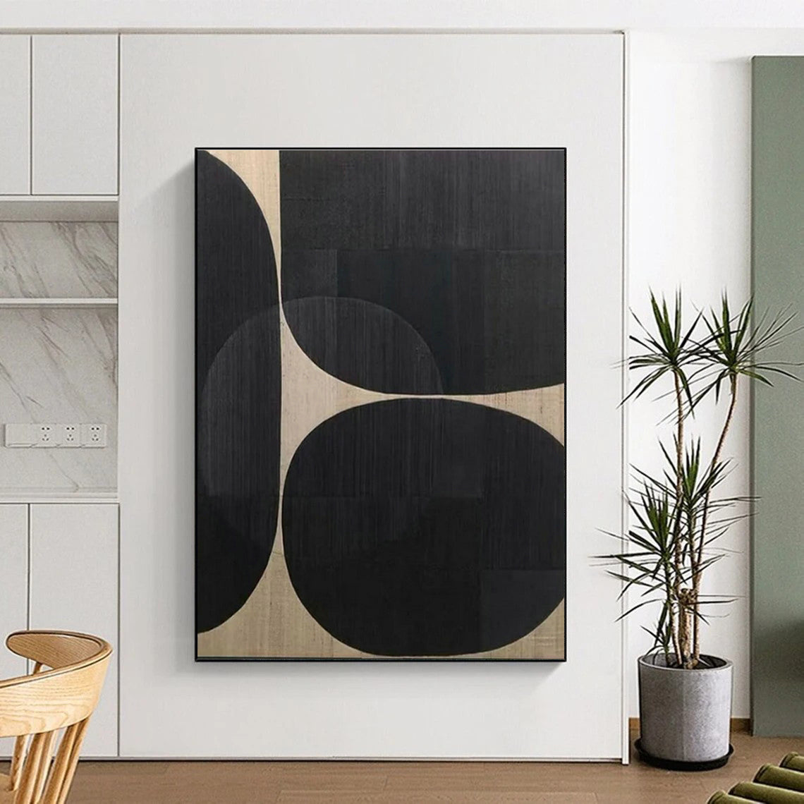 Huge Size Handmade Art with Black, Beige Geometric Shapes - Large Contemporary Wall Art HS515
