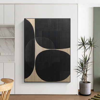 Huge Size Handmade Art with Black, Beige Geometric Shapes - Large Contemporary Wall Art HS515