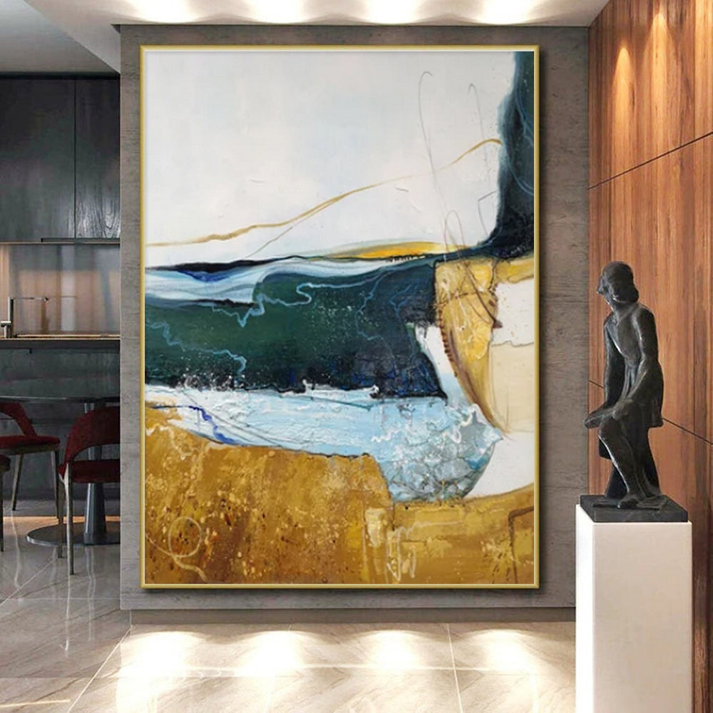 Hand Painted Art Blue, Green, and Gold Dynamic Abstract Painting On Canvas HS811