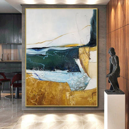 Hand Painted Art Blue, Green, and Gold Dynamic Abstract Painting On Canvas HS811