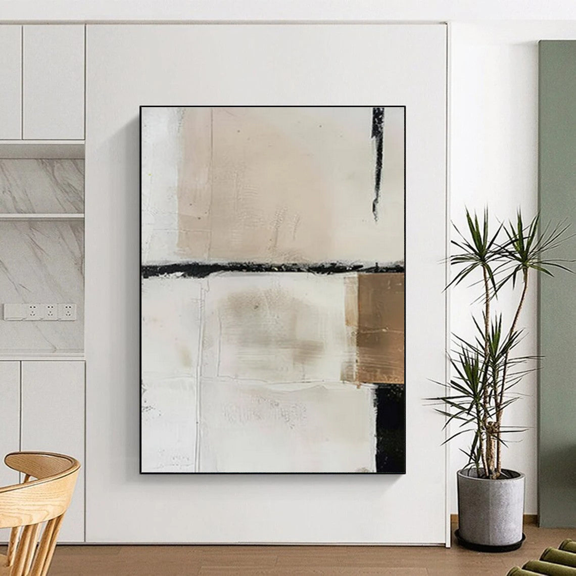 Handmade Art Beige, White, and Black Textured Abstract Painting On Canvas HS785
