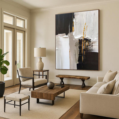 Hand Painted Art with Black, White, Gray and Gold Colors, Textured Abstract Theme HS468