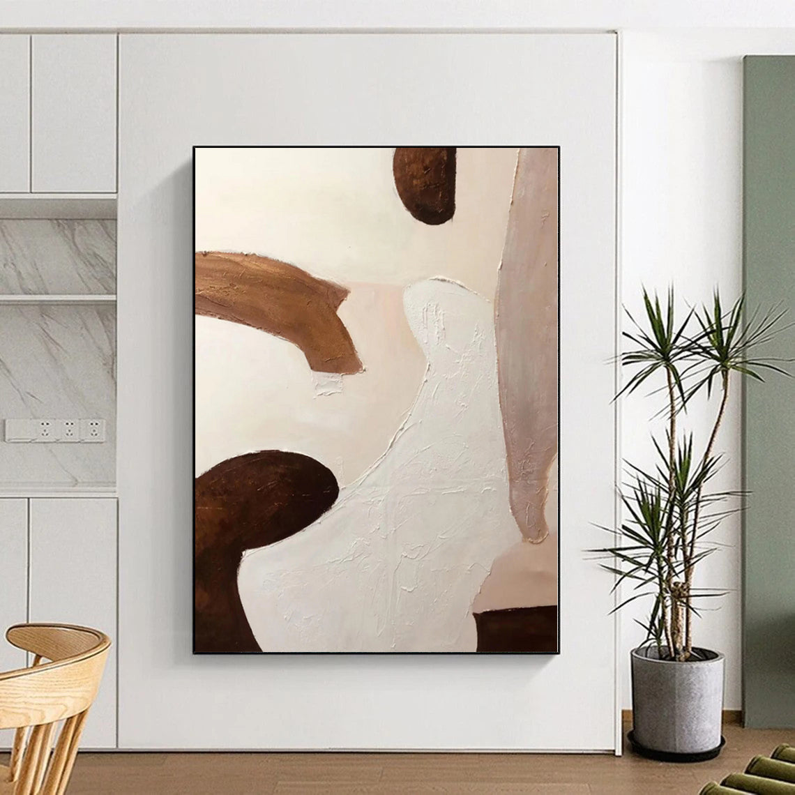 Hand-Painted Brown, White, and Beige Abstract Shape Painting For Sale HS040