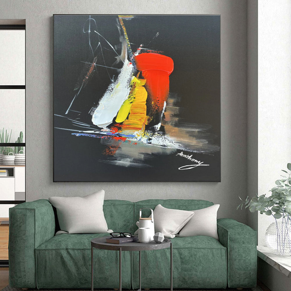 Hand-Painted Art with Red, Yellow, White and Black Colors, Dynamic Abstract Theme on Black Background HS478