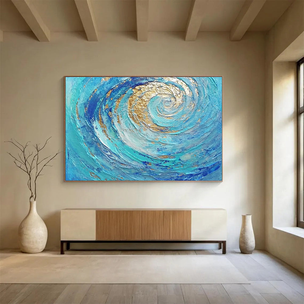 Oversized Canvas Art in Blue and Gold Textured Spiral Abstract Style WB257
