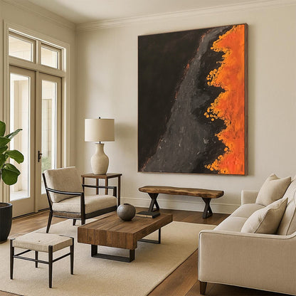 Hand-Painted Black, Gray, and Orange Abstract Textured Painting For Sale HS141
