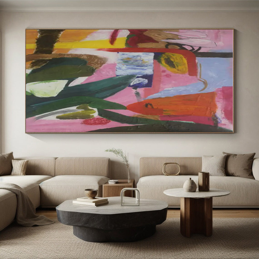 Cool Abstract Paintings Pink, Orange, and Green Dynamic Abstract Painting On Canvas HS775
