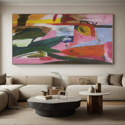 Cool Abstract Paintings Pink, Orange, and Green Dynamic Abstract Painting On Canvas HS775