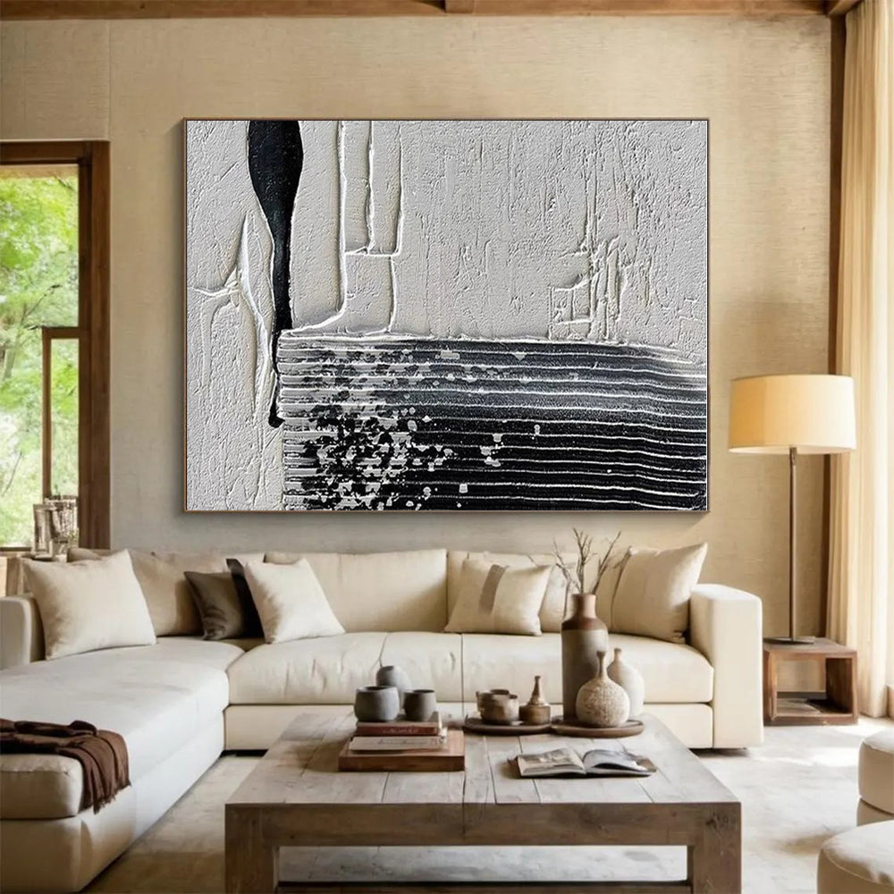 Giant Canvas Art Black & White Textured Abstract Linear Art HS379