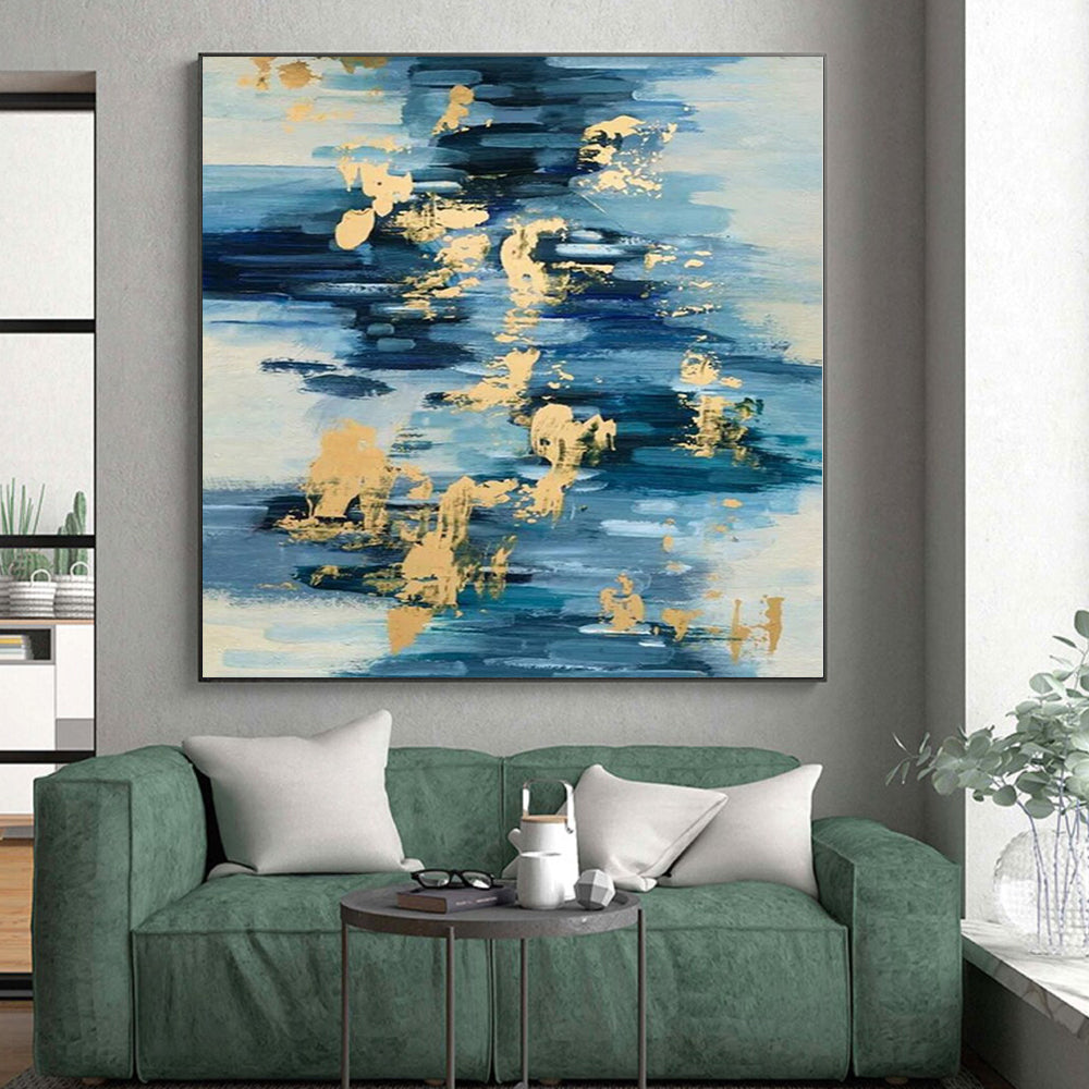 Hand-Painted Blue and Gold Abstract Water-like Textured Painting For Sale HS001