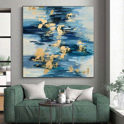 Hand-Painted Blue and Gold Abstract Water-like Textured Painting For Sale HS001
