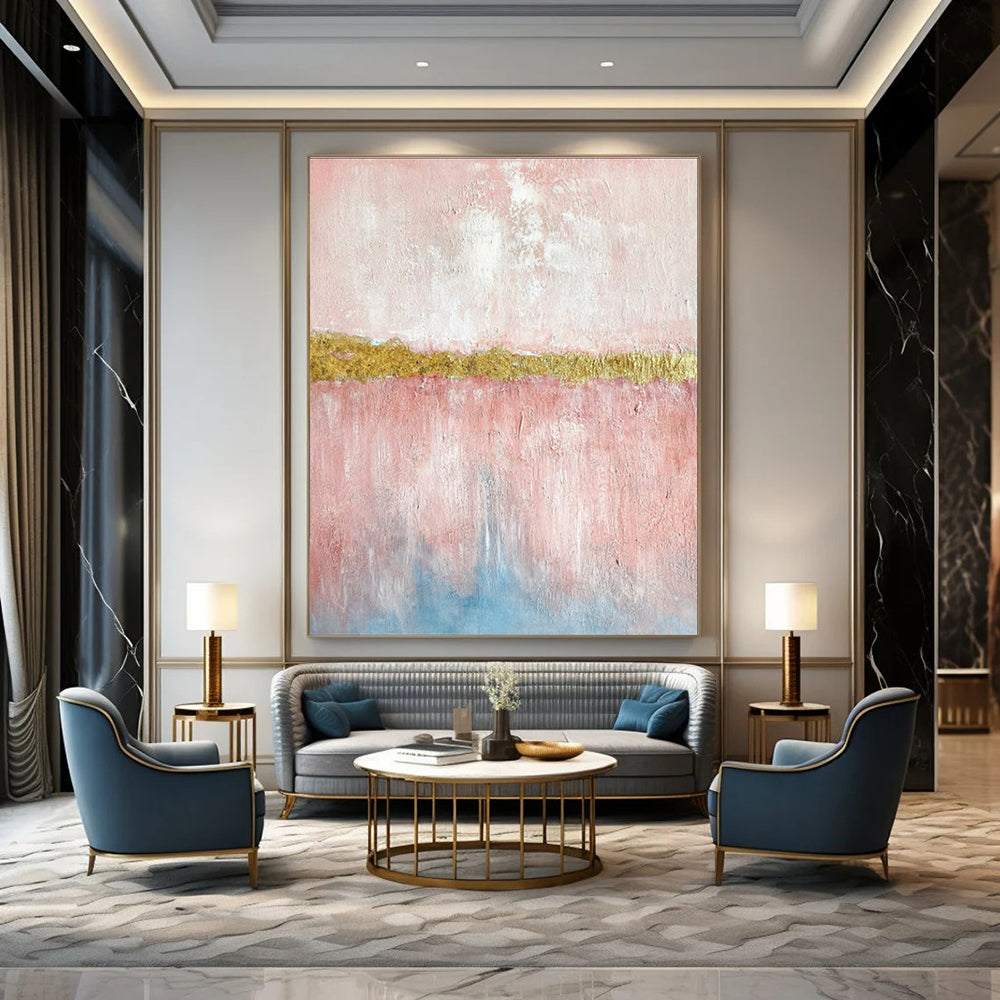Pink, Gold, and Blue Abstract Color Block Painting For Sale WS507
