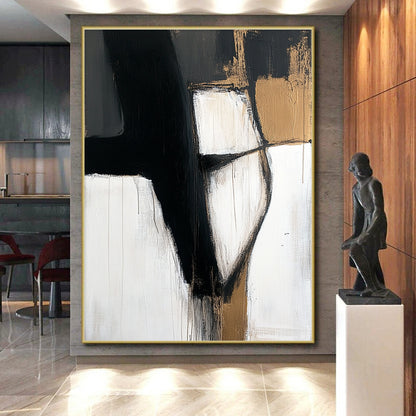 Acrylic Modern Art Paintings Black, White, and Gold Abstract Shape Painting For Sale HS154