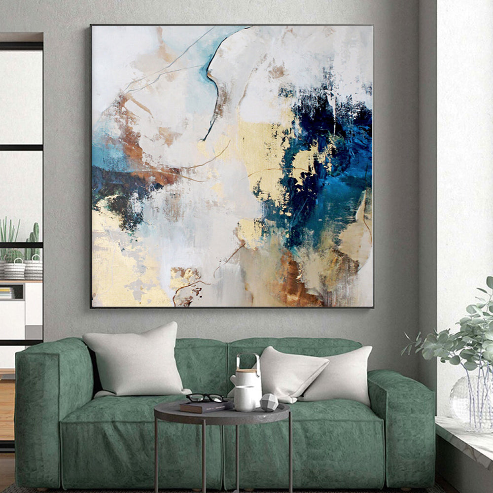 Hand-Painted Blue, Beige, and Gold Abstract Textured Painting For Sale HS011