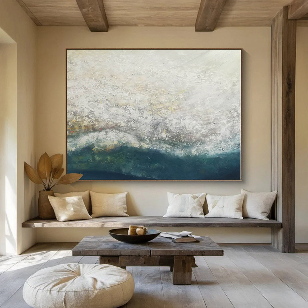 Large Size White and Teal Abstract Ocean Wave Painting WB081