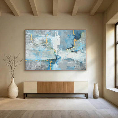 Oversized Canvas Art Blue, Gray and Gold Abstract Expressionist Painting WB132