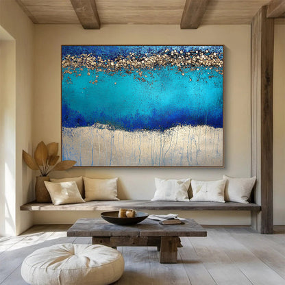 Modern Art Abstract Paintings with Blue, Turquoise and Gold Colors, Textured Abstract Theme WB324