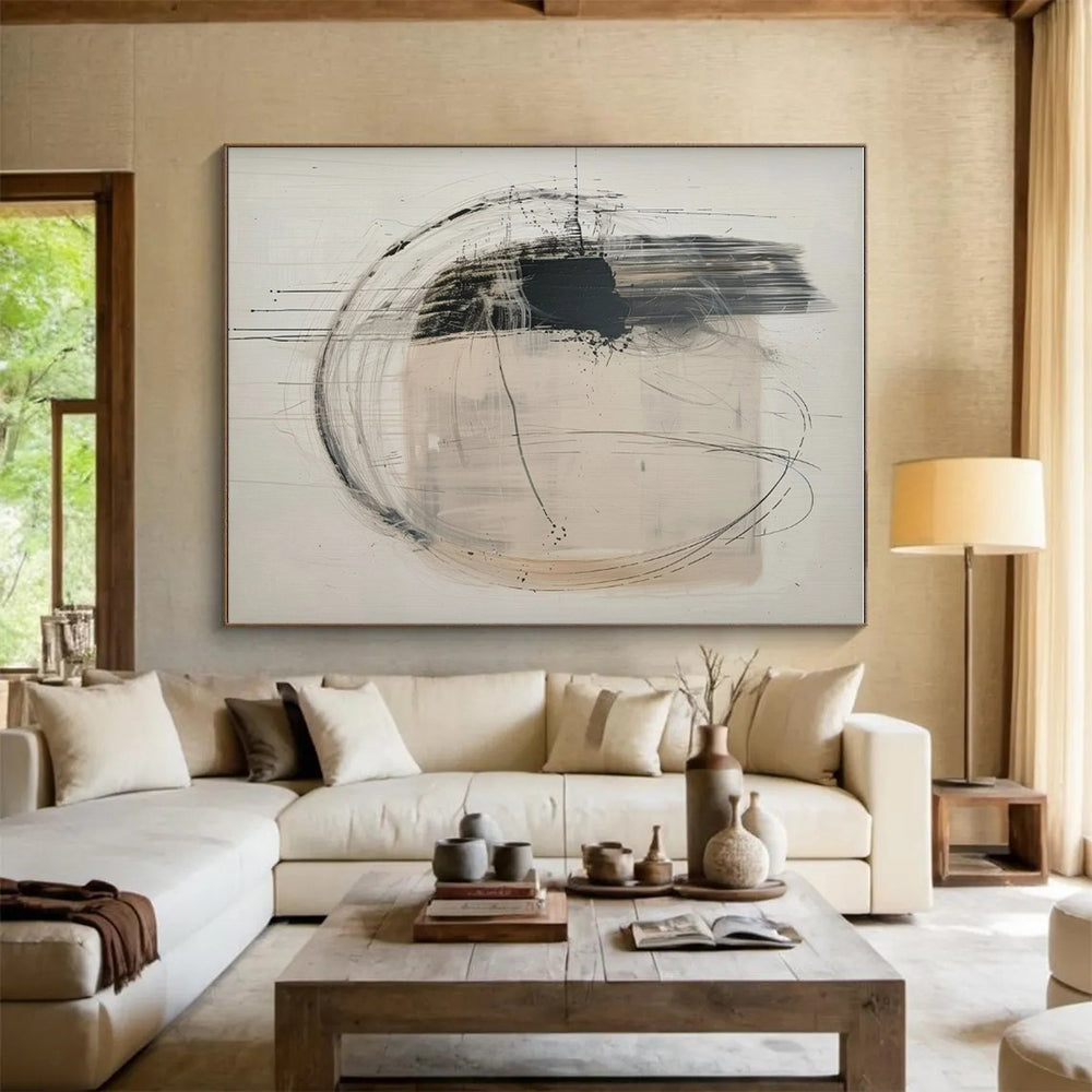 Hand Painted Art Black, White, and Beige Circular Abstract Art HS621