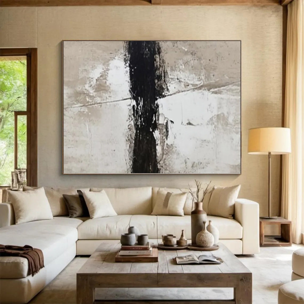 Hand-Painted Black, White, and Beige Minimalist Abstract Painting For Sale HS007